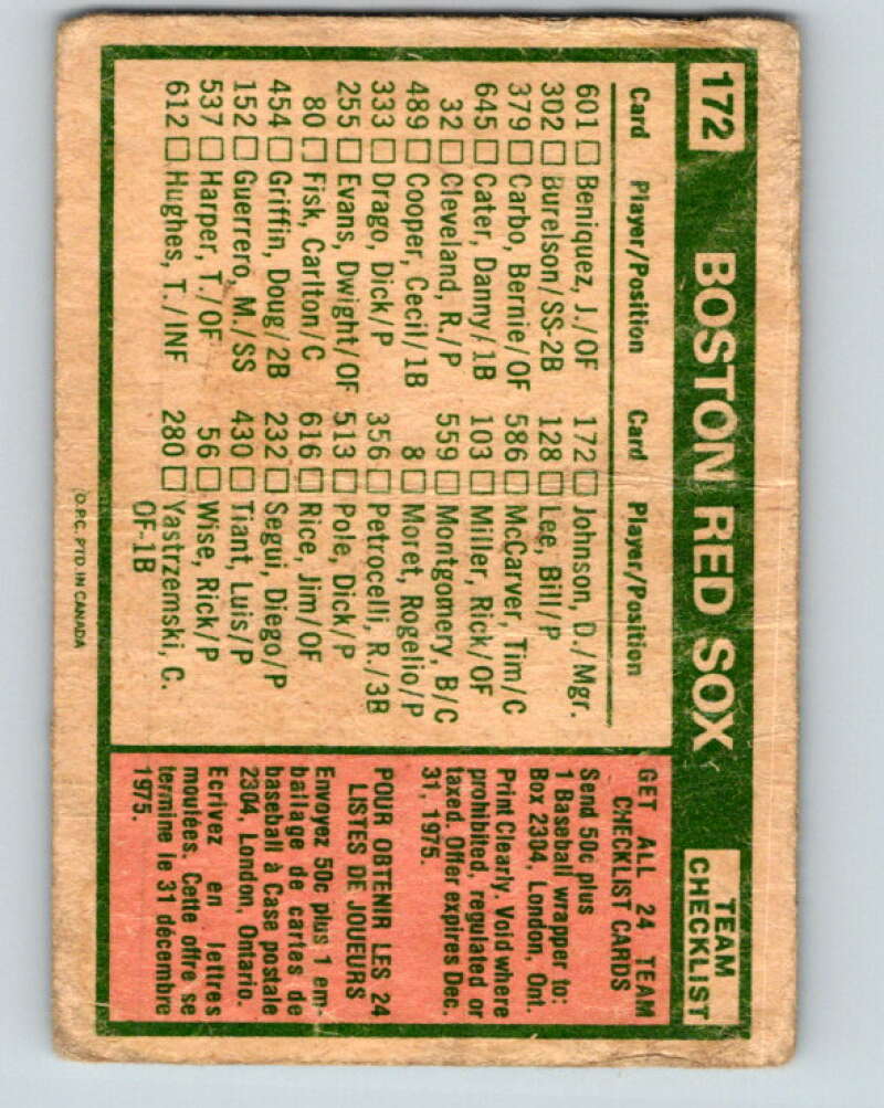 1975 O-Pee-Chee MLB #172 Red Sox Team/Darrell Johnson MG   V10589