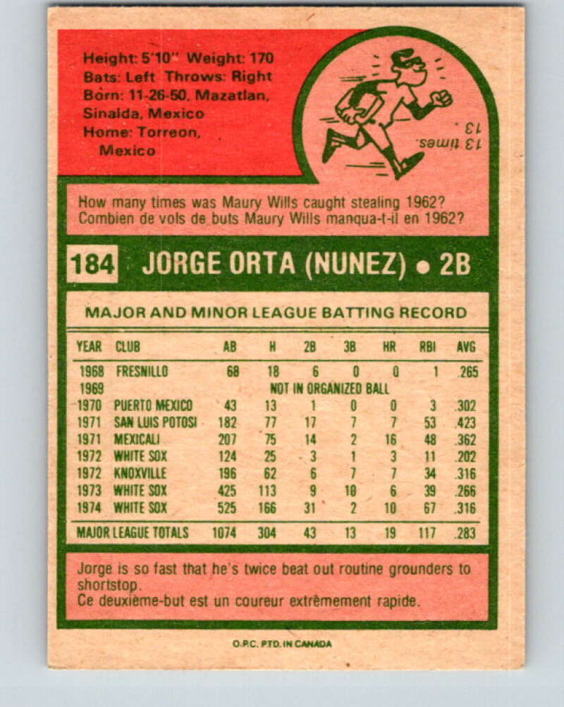 1975 O-Pee-Chee MLB #184 Jorge Orta Chicago White Sox V10590