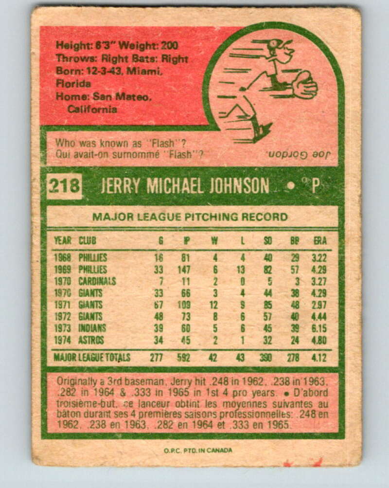 1975 O-Pee-Chee MLB #218 Jerry Johnson Houston Astros V10592