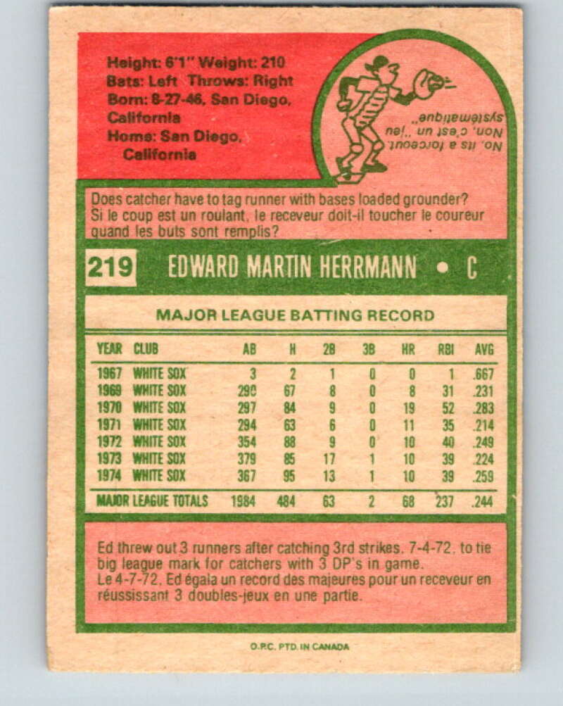 1975 O-Pee-Chee MLB #219 Ed Herrmann Chicago White Sox V10593