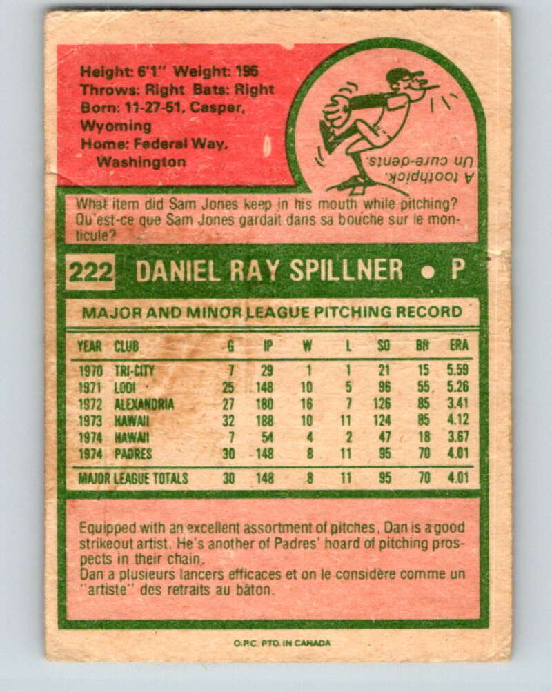 1975 O-Pee-Chee MLB #222 Dan Spillner San Diego Padres V10594