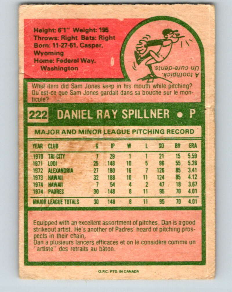 1975 O-Pee-Chee MLB #222 Dan Spillner  San Diego Padres  V10594