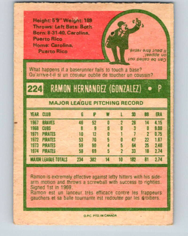1975 O-Pee-Chee MLB #224 Ramon Hernandez Pittsburgh Pirates V10595