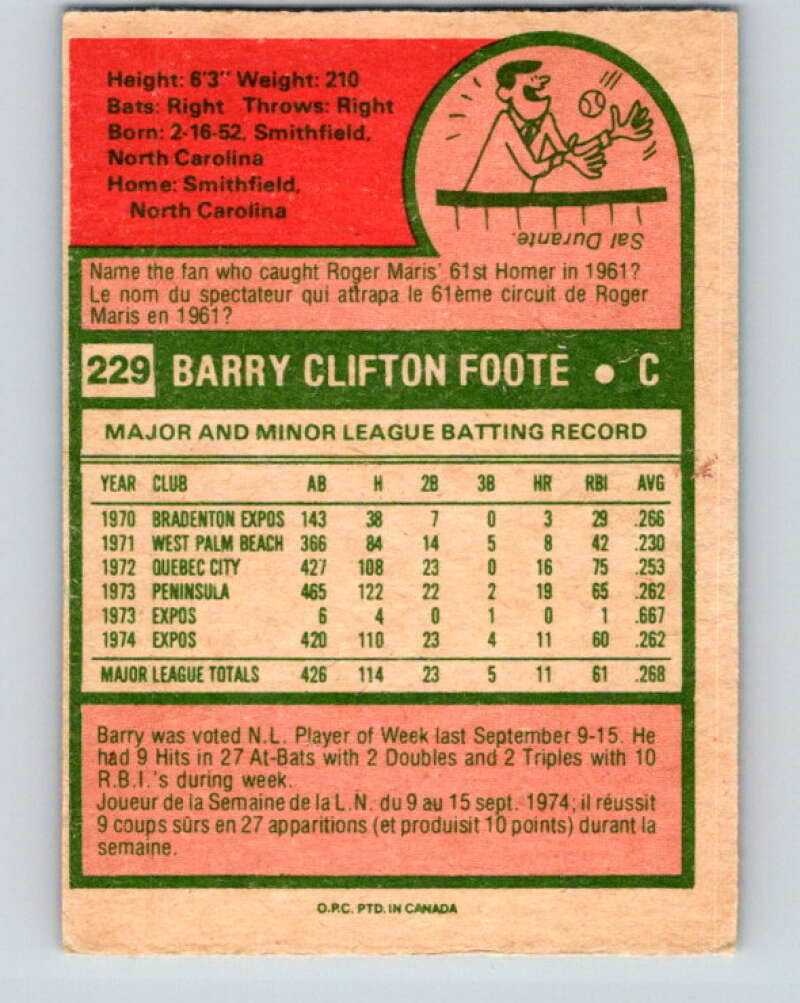 1975 O-Pee-Chee MLB #229 Barry Foote Montreal Expos V10596