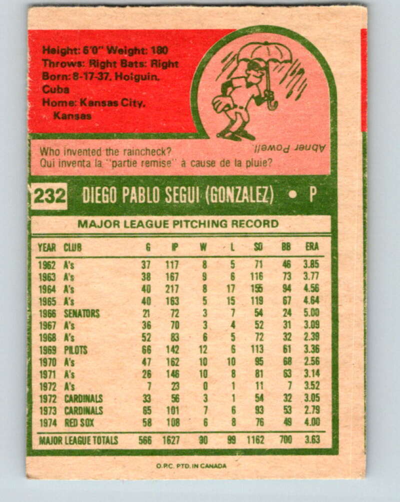 1975 O-Pee-Chee MLB #232 Diego Segui Boston Red Sox V10598