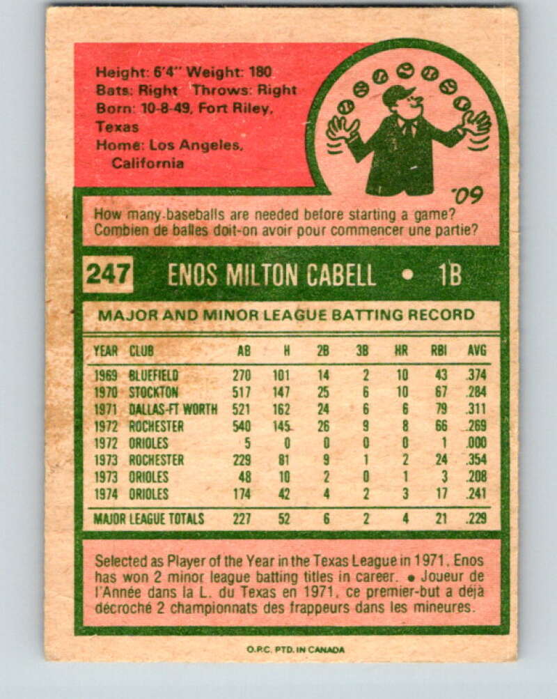 1975 O-Pee-Chee MLB #247 Enos Cabell Baltimore Orioles V10599