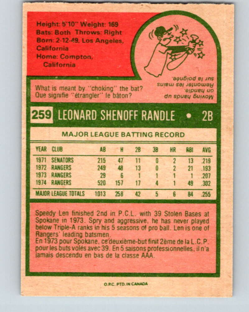 1975 O-Pee-Chee MLB #259 Len Randle Texas Rangers V10601