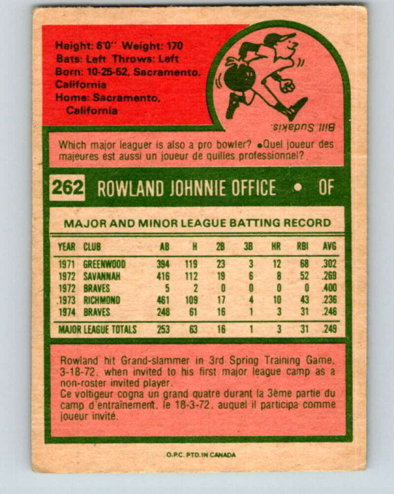 1975 O-Pee-Chee MLB #262 Rowland Office Atlanta Braves V10603