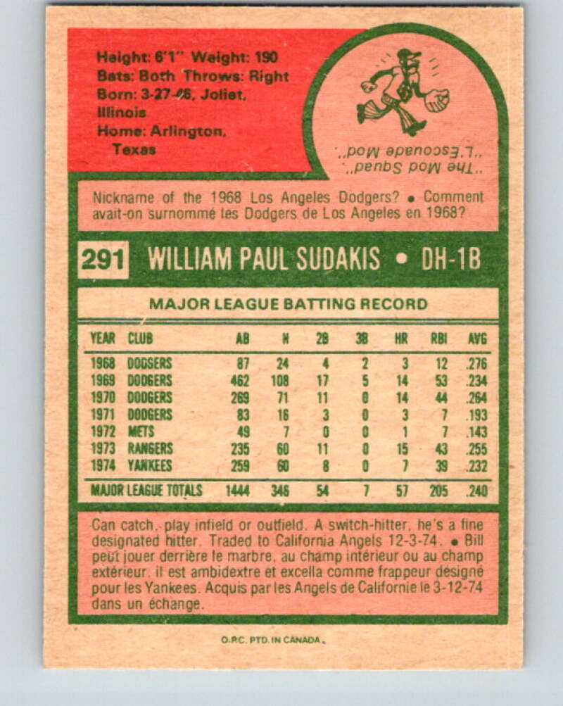1975 O-Pee-Chee MLB #291 Bill Sudakis New York Yankees V10606
