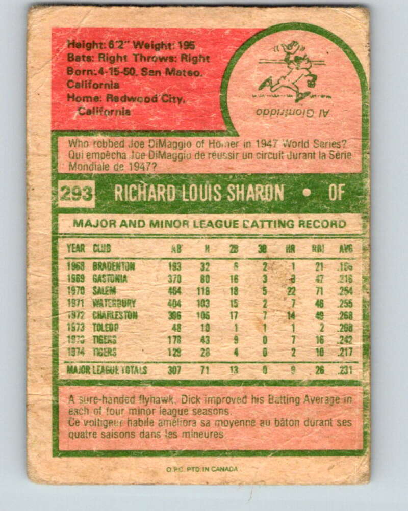 1975 O-Pee-Chee MLB #293 Dick Sharon  Detroit Tigers  V10607