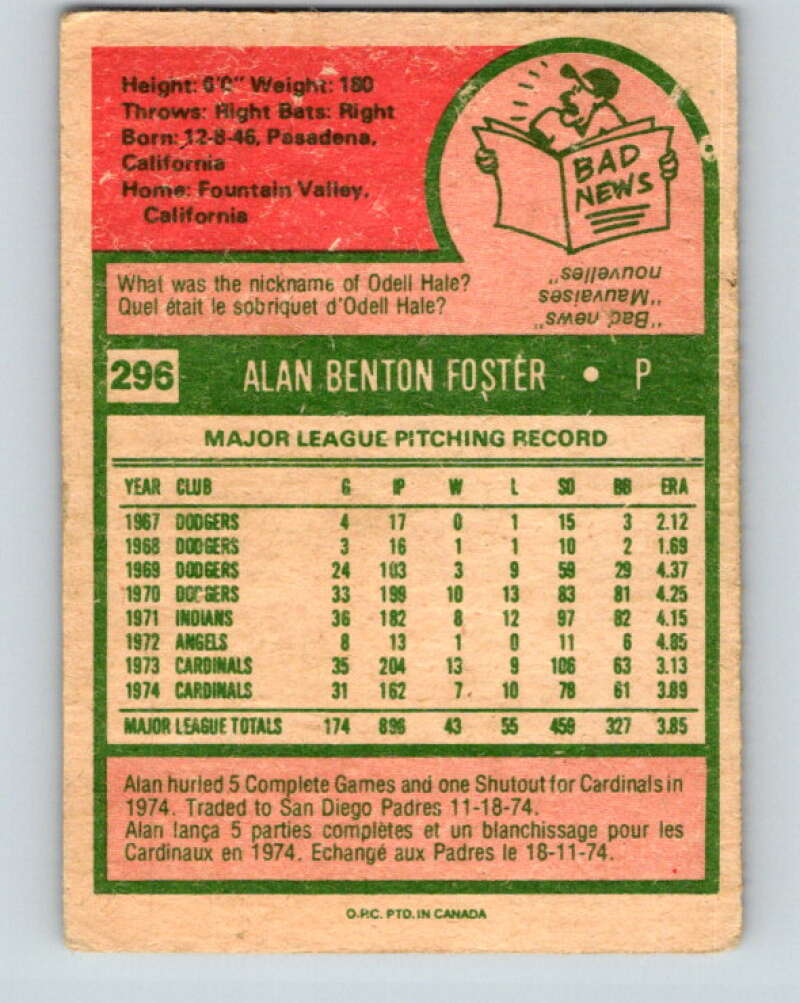 1975 O-Pee-Chee MLB #296 Alan Foster St. Louis Cardinals V10608