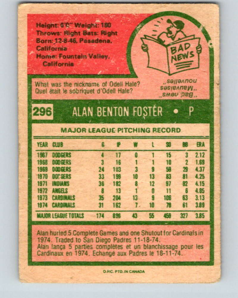 1975 O-Pee-Chee MLB #296 Alan Foster  St. Louis Cardinals  V10608