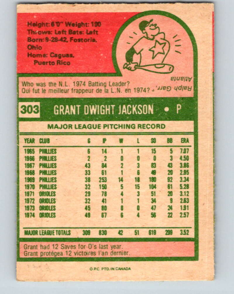 1975 O-Pee-Chee MLB #303 Grant Jackson Baltimore Orioles V10610