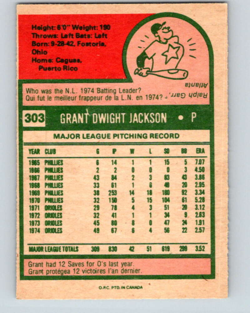 1975 O-Pee-Chee MLB #303 Grant Jackson Baltimore Orioles V10611