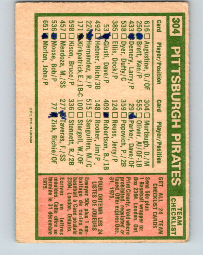 1975 O-Pee-Chee MLB #304 Pirates Team/Danny Murtaugh MG V10612