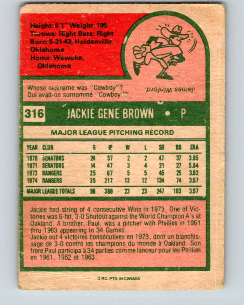 1975 O-Pee-Chee MLB #316 Jackie Brown Texas Rangers V10613