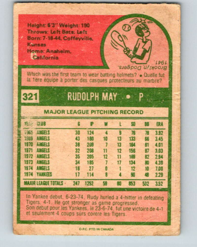 1975 O-Pee-Chee MLB #321 Rudy May New York Yankees V10617