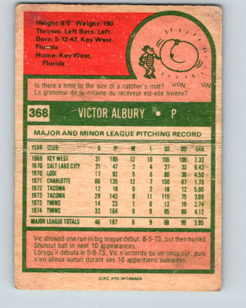 1975 O-Pee-Chee MLB #368 Vic Albury Minnesota Twins V10620