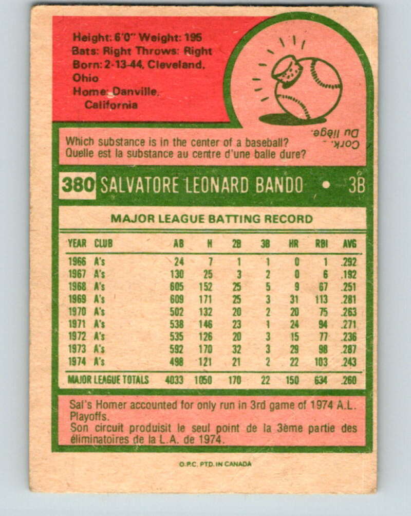 1975 O-Pee-Chee MLB #380 Sal Bando Oakland Athletics V10621