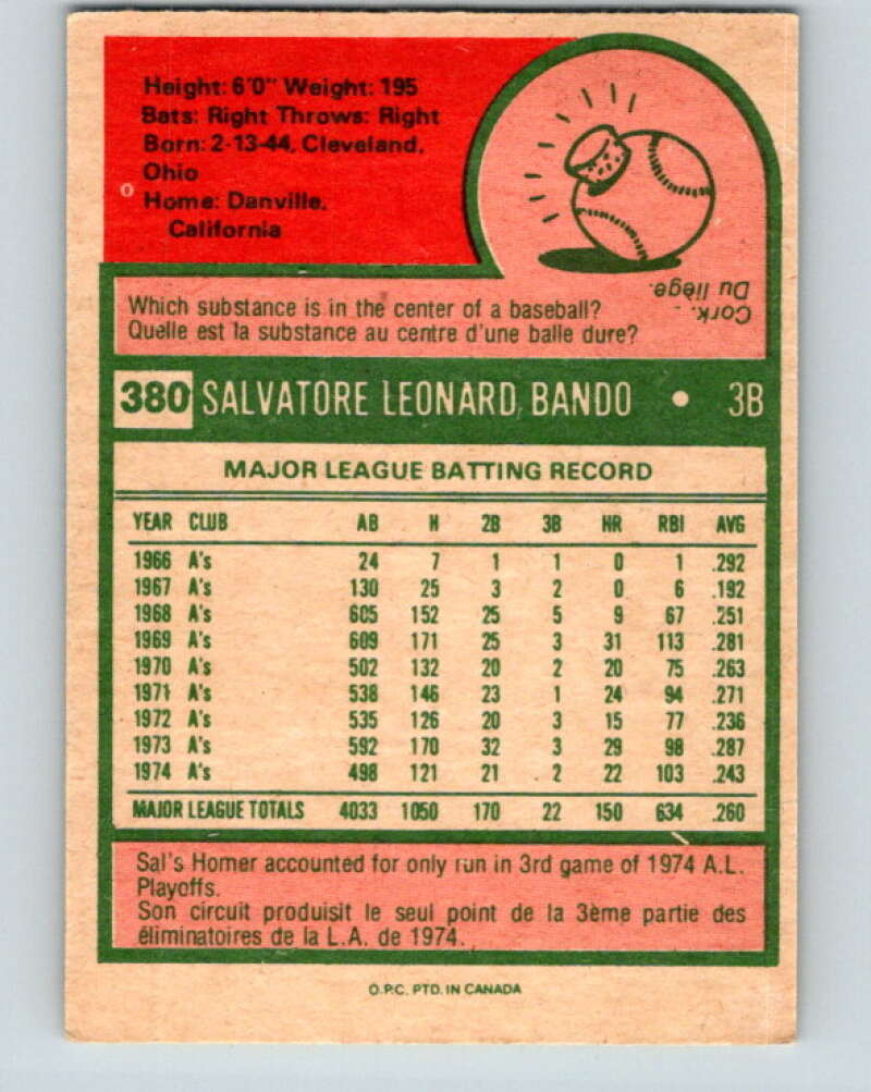 1975 O-Pee-Chee MLB #380 Sal Bando Oakland Athletics V10622