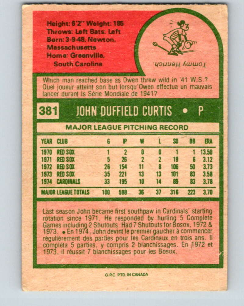 1975 O-Pee-Chee MLB #381 John Curtis St. Louis Cardinals V10623