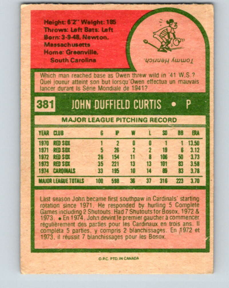 1975 O-Pee-Chee MLB #381 John Curtis  St. Louis Cardinals  V10623