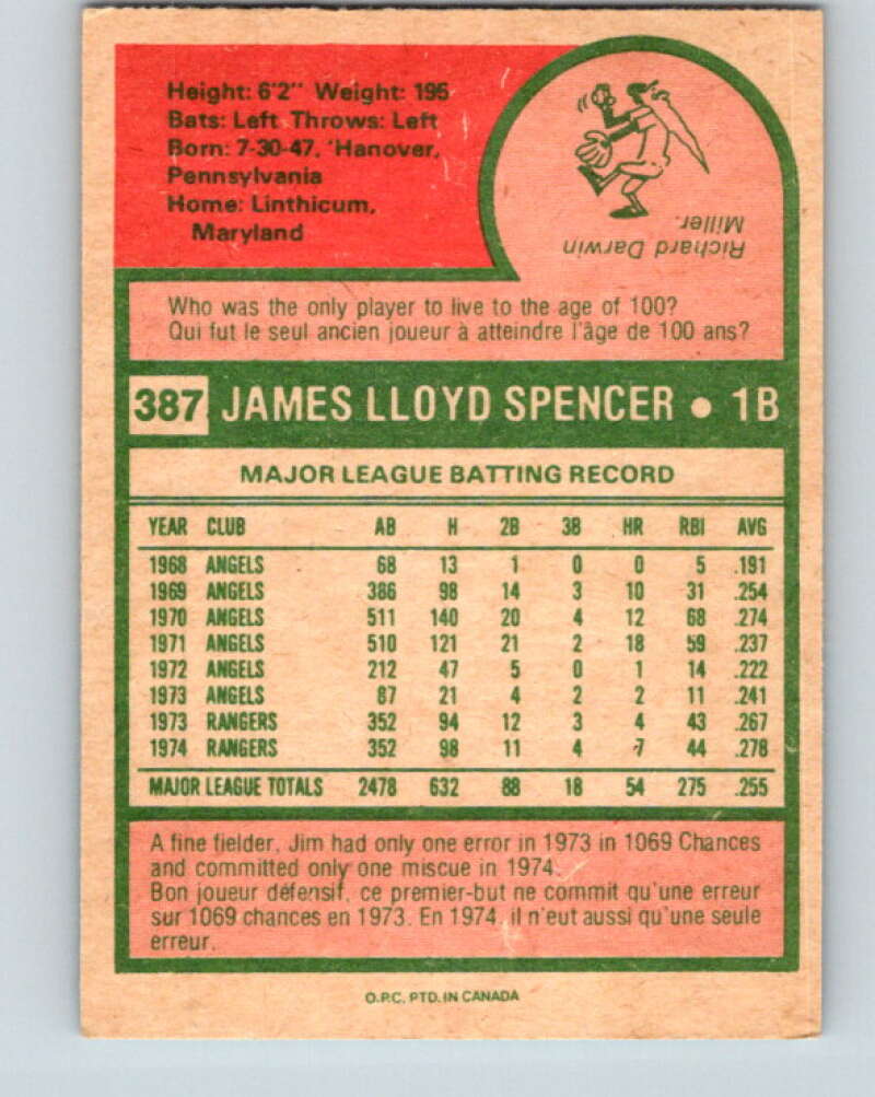 1975 O-Pee-Chee MLB #387 Jim Spencer Texas Rangers V10624