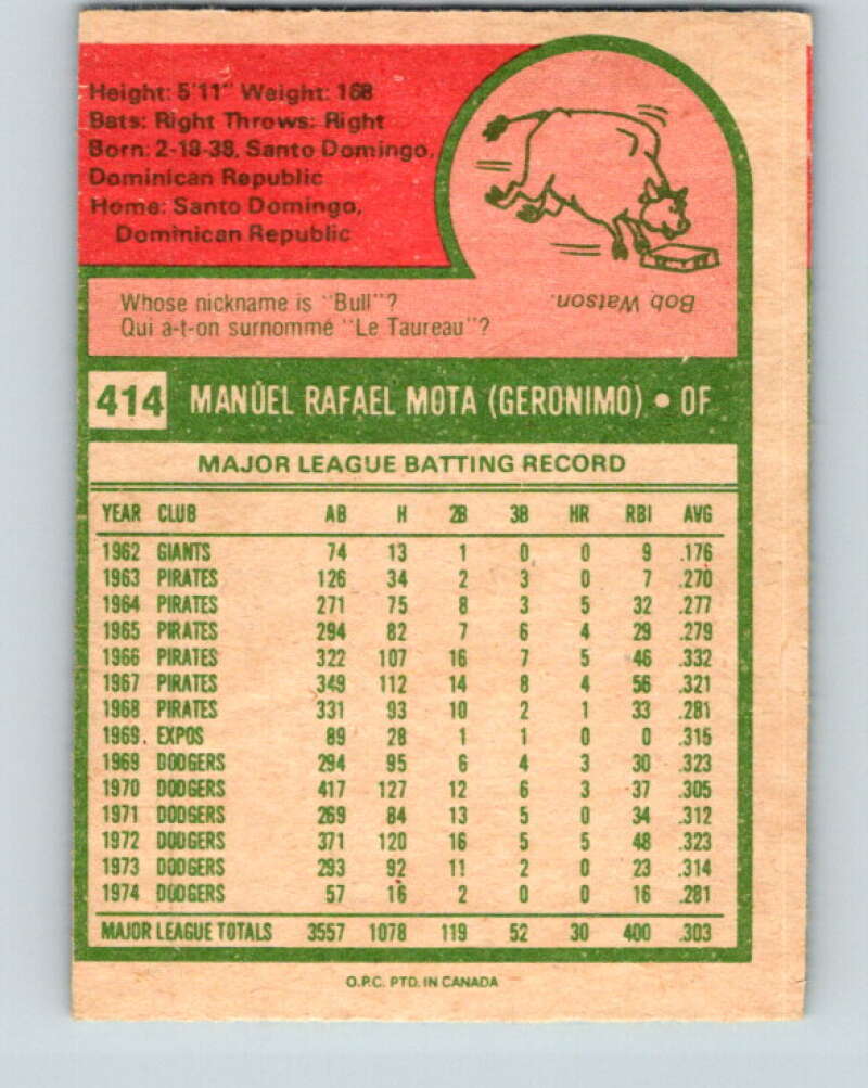 1975 O-Pee-Chee MLB #414 Manny Mota  Los Angeles Dodgers  V10625