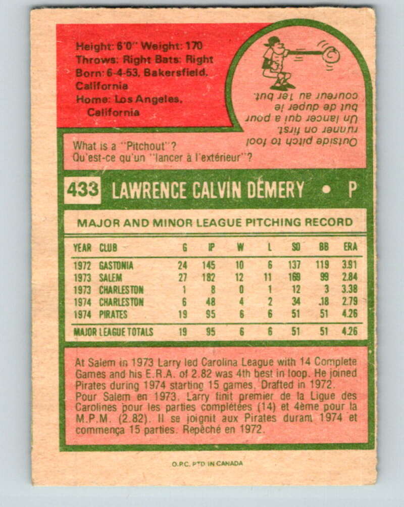 1975 O-Pee-Chee MLB #433 Larry Demery Pittsburgh Pirates V10626
