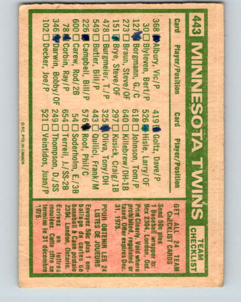 1975 O-Pee-Chee MLB #443 Twins Team/Frank Quilici MG Twins V10627
