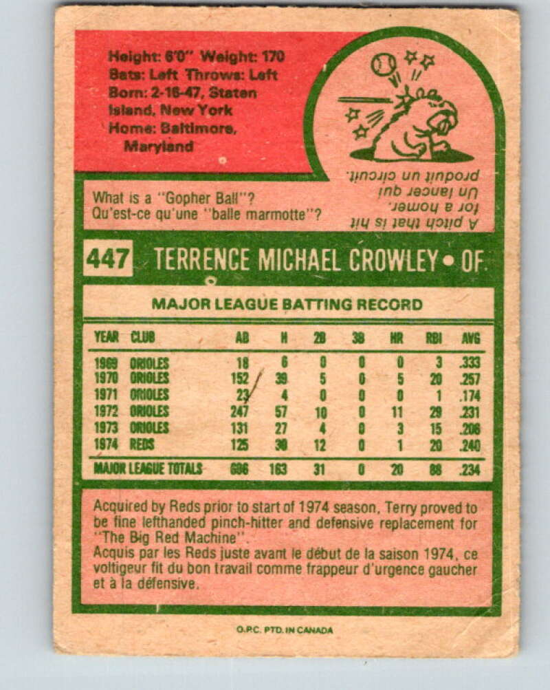 1975 O-Pee-Chee MLB #447 Terry Crowley Cincinnati Reds V10628