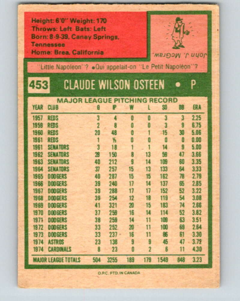 1975 O-Pee-Chee MLB #453 Claude Osteen  St. Louis Cardinals  V10630