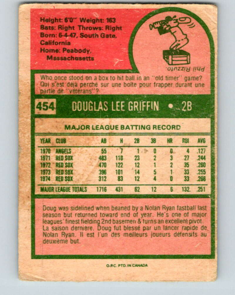 1975 O-Pee-Chee MLB #454 Doug Griffin Boston Red Sox V10631