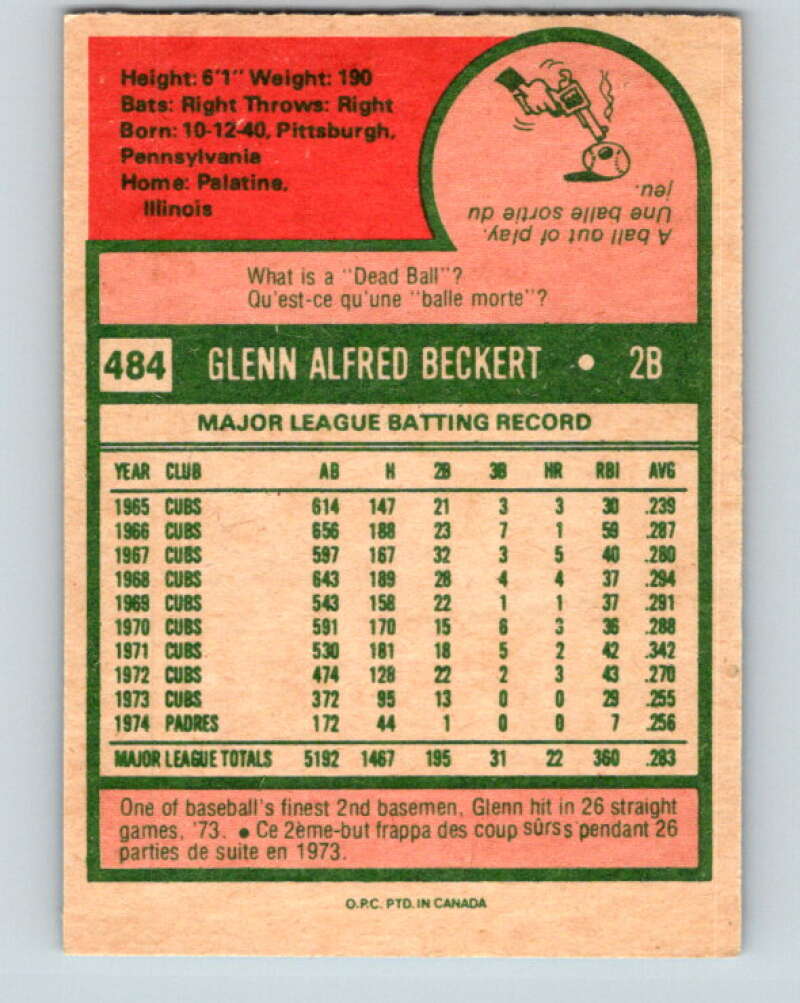 1975 O-Pee-Chee MLB #484 Glenn Beckert San Diego Padres V10633