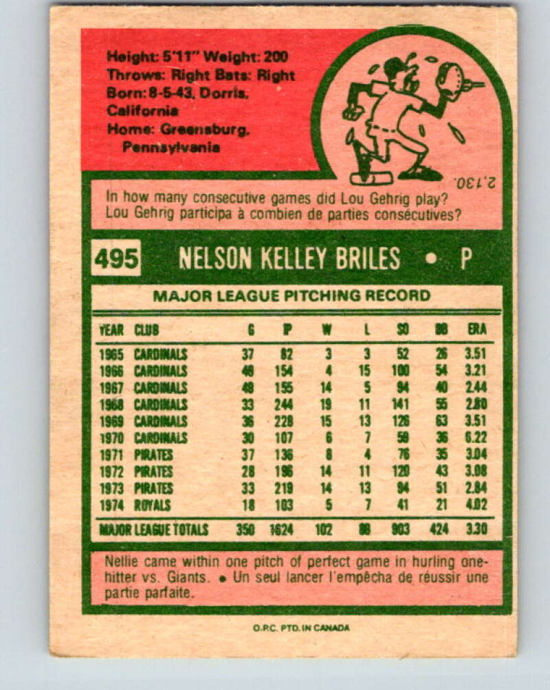 1975 O-Pee-Chee MLB #495 Nelson Briles Kansas City Royals V10634