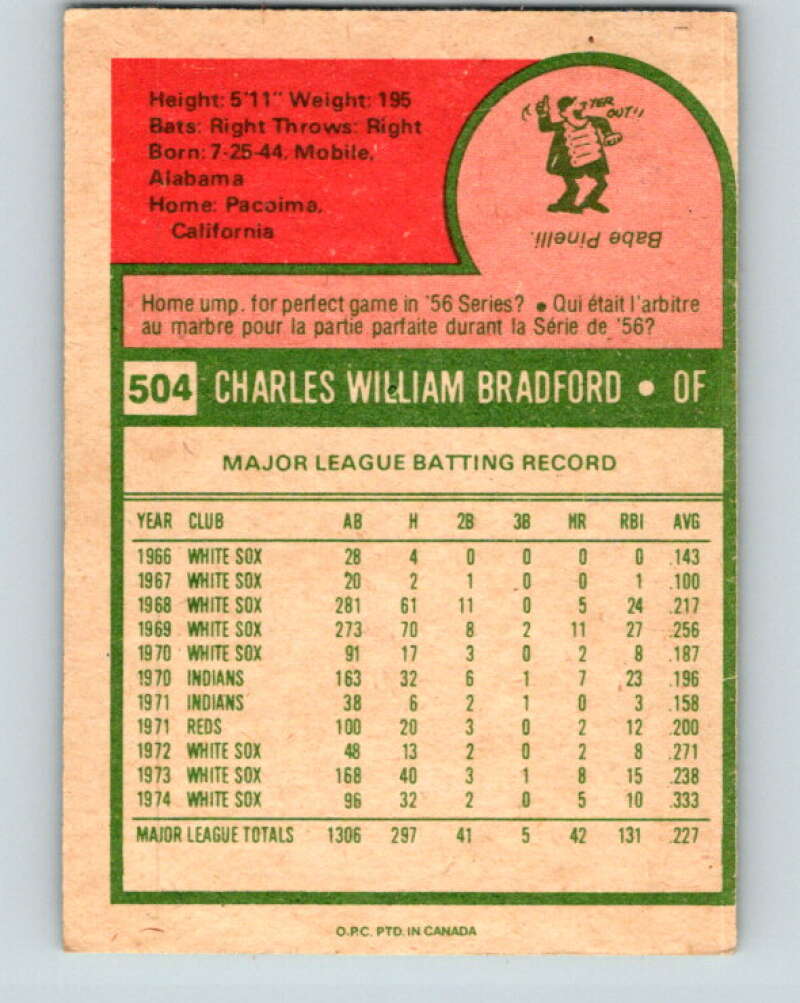 1975 O-Pee-Chee MLB #504 Buddy Bradford Chicago White Sox V10635