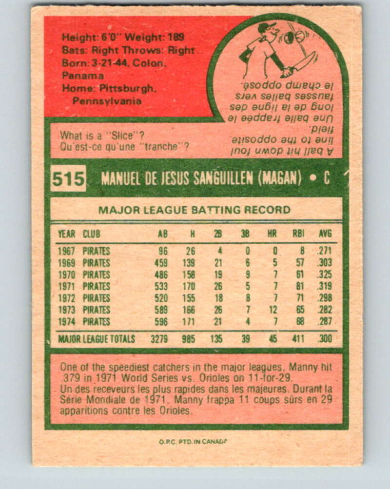 1975 O-Pee-Chee MLB #515 Manny Sanguillen Pittsburgh Pirates V10637