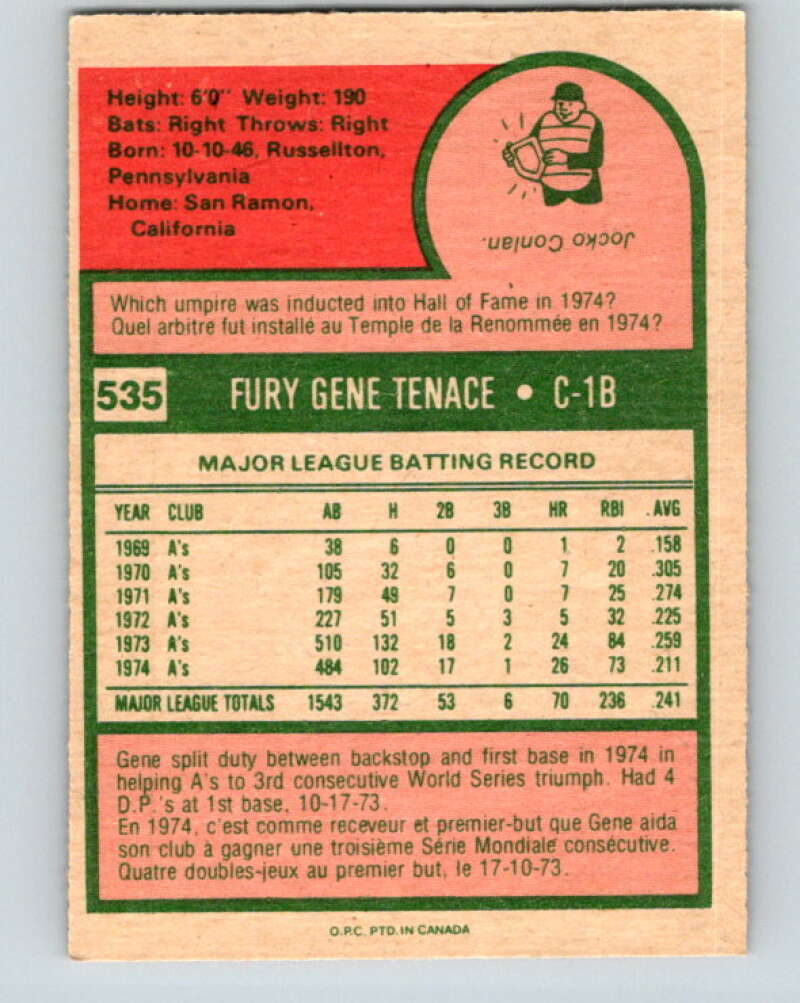 1975 O-Pee-Chee MLB #535 Gene Tenace Oakland Athletics V10638