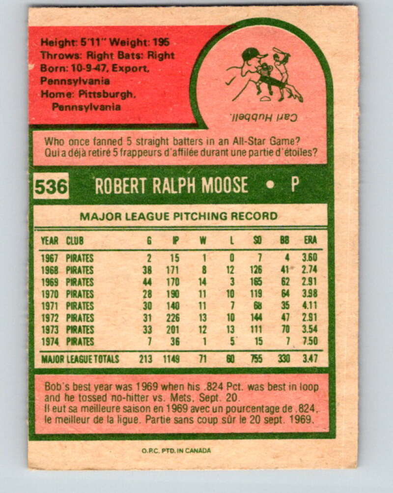 1975 O-Pee-Chee MLB #536 Bob Moose Pittsburgh Pirates V10639