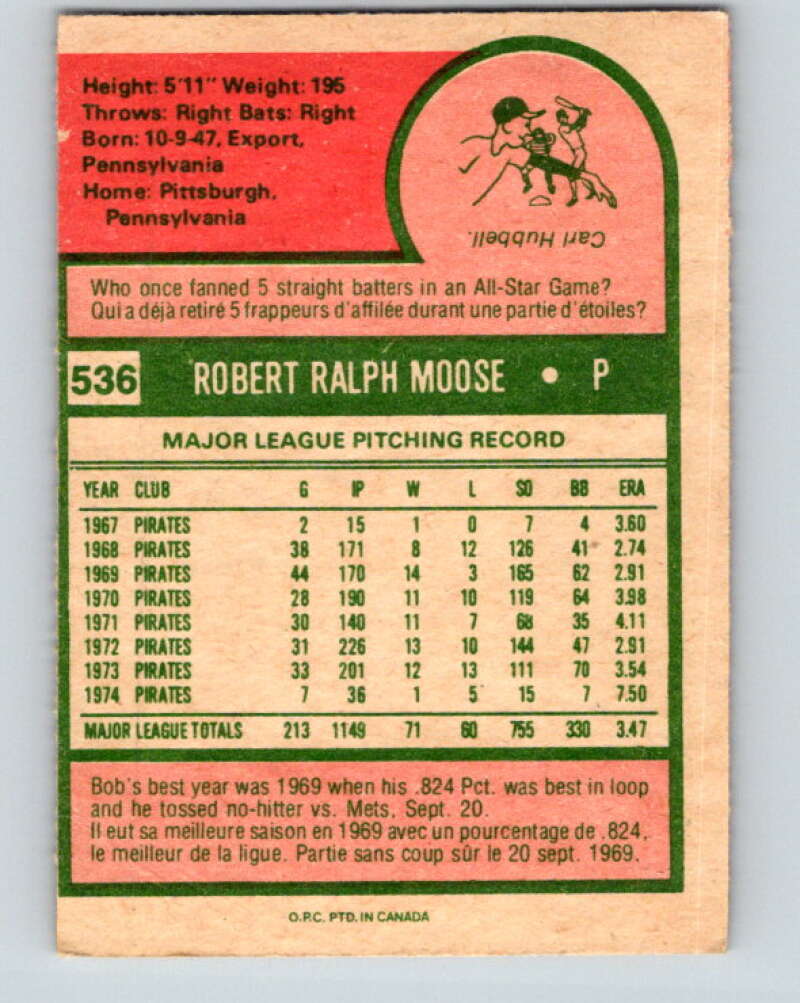 1975 O-Pee-Chee MLB #536 Bob Moose  Pittsburgh Pirates  V10639