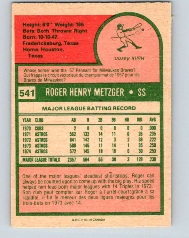 1975 O-Pee-Chee MLB #541 Roger Metzger Houston Astros V10642