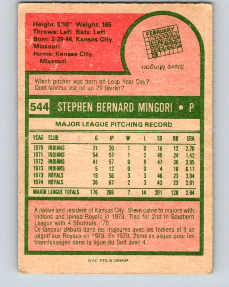 1975 O-Pee-Chee MLB #544 Steve Mingori Kansas City Royals V10643
