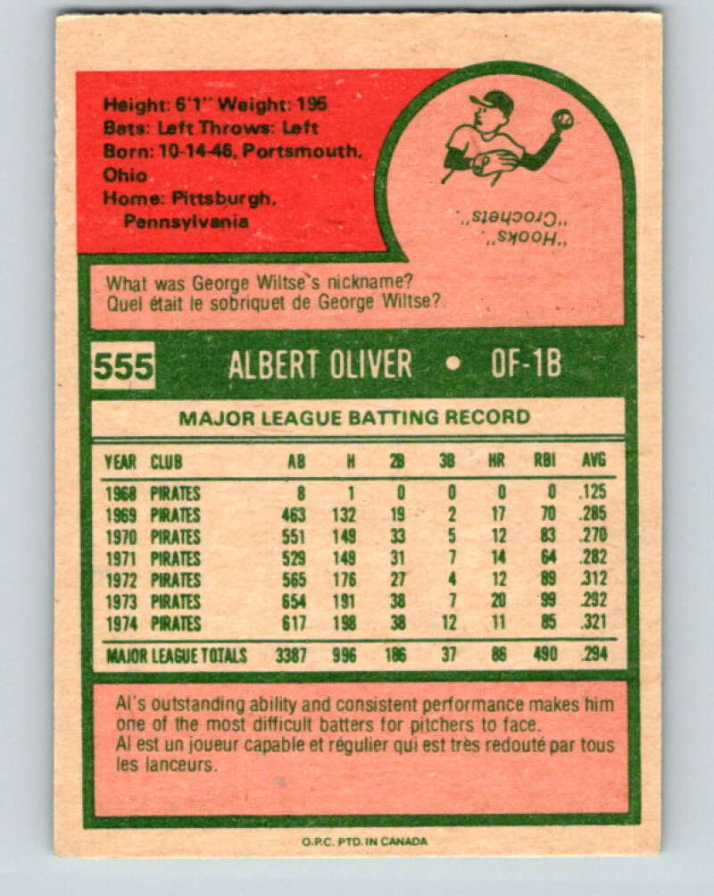 1975 O-Pee-Chee MLB #555 Al Oliver Pittsburgh Pirates V10645