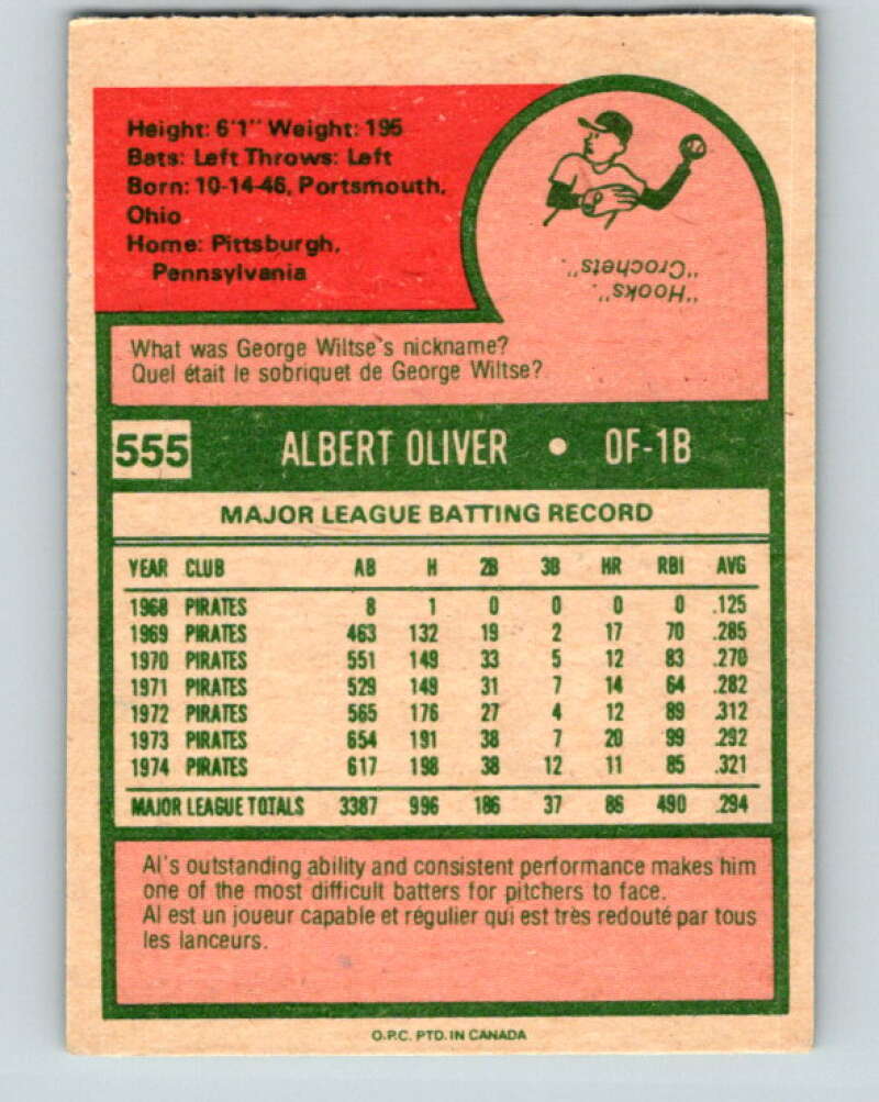 1975 O-Pee-Chee MLB #555 Al Oliver  Pittsburgh Pirates  V10645
