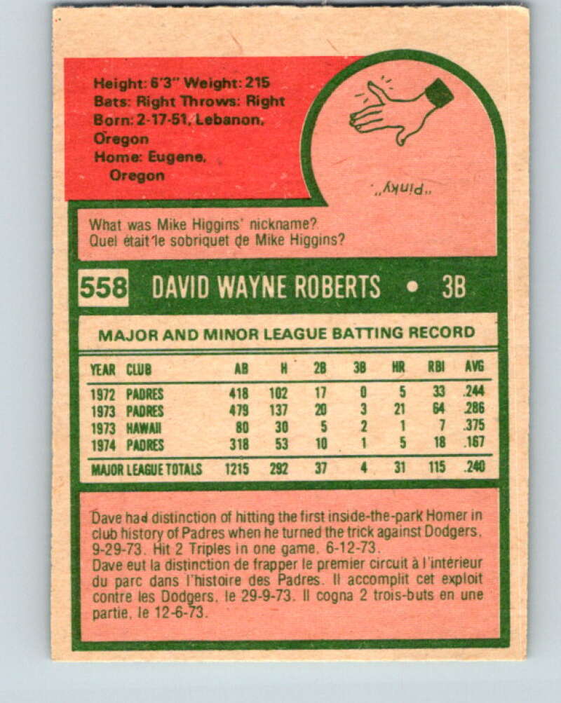 1975 O-Pee-Chee MLB #558 Dave Roberts San Diego Padres V10646