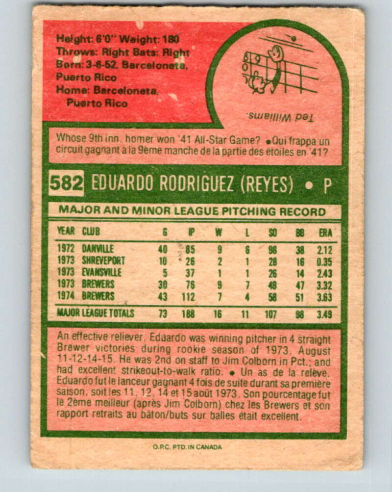1975 O-Pee-Chee MLB #582 Eduardo Rodriguez Milwaukee Brewers V10649
