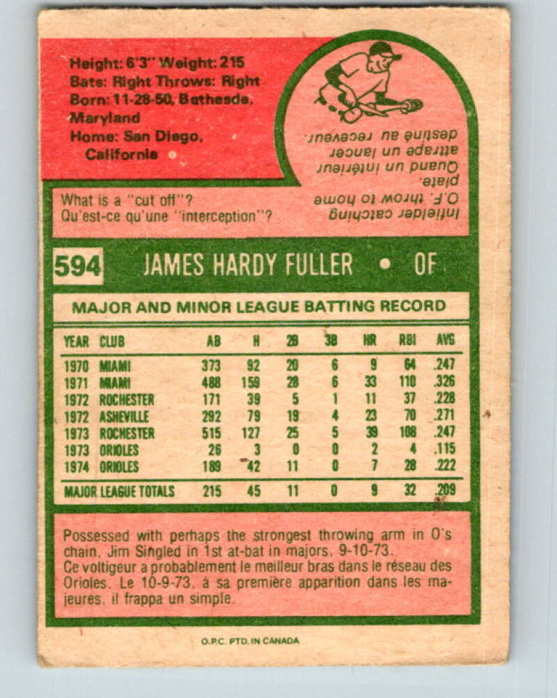 1975 O-Pee-Chee MLB #594 Jim Fuller Baltimore Orioles V10651