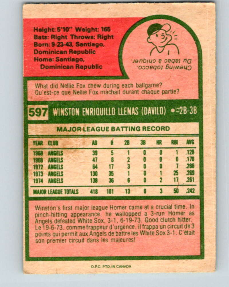 1975 O-Pee-Chee MLB #597 Winston Llenas California Angels V10652