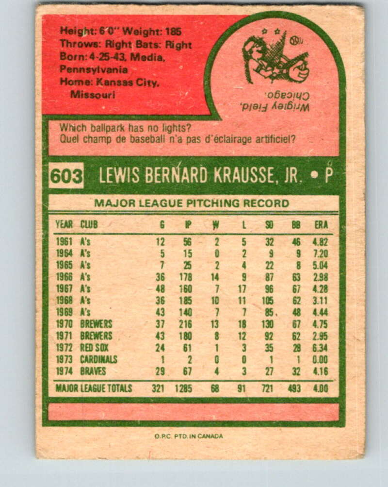 1975 O-Pee-Chee MLB #603 Lew Krausse Atlanta Braves V10653