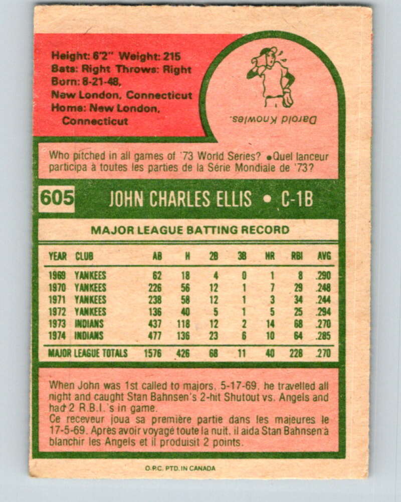 1975 O-Pee-Chee MLB #605 John Ellis Cleveland Indians V10654